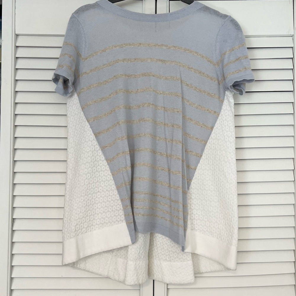 Lisa Todd Moonray Linen Cotton Blend Stripes and Floral Shirt Top Sweater